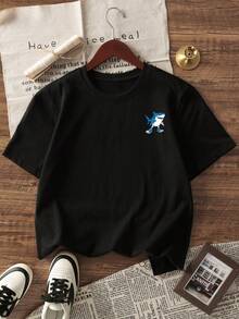 1pc Boys' Casual Round Neck Short Sleeve T-Shirt With Mythical Creature Print, Summer Student Wear - The T-Shirt With "Shan Hai Jing" Character Print Brings Joy And Happiness To Every Child! TRALALERO TRALALA - Black - View 4
