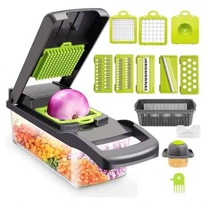 Chopadora profesional 16 en 1 con cuchillas ajustables y contenedor de almacenamiento. Electrodoméstico multifuncional para ensaladas, papas, zanahorias, ajo y cebolla. Incluye raspador, molinillo y accesorio de chopadora. Color negro y verde. Cuchilla intercambiable multifuncional para cocina. Herramienta multiusos