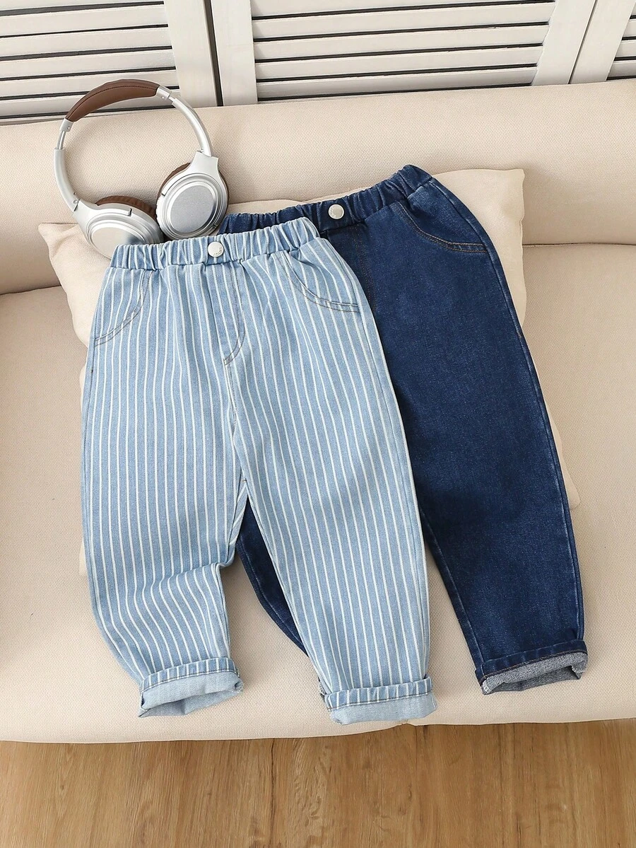 2 piezas/Set Pantalones casuales a rayas de mezclilla clara y oscura para niños en primavera/otoño, pantalones de ocio para niños - Multicolor - Ver 1