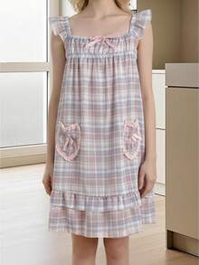Womens Mini Tank Dress Summer Ruffle Sleeveless Square Neck Plaid Print Loose Dress Short Dress - Purple - View 1
