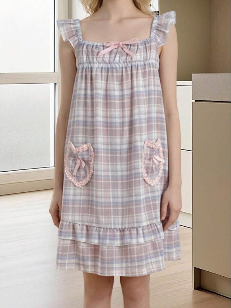 Womens Mini Tank Dress Summer Ruffle Sleeveless Square Neck Plaid Print Loose Dress Short Dress - Purple - View 1