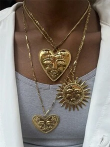 心形太阳脸独特夸张设计吊坠项链，不锈钢首饰配饰 - 人臉項鍊 - 查看 1