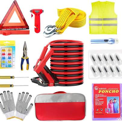Kit de Emergencia para Automóvil, con Clavos de Reparación de Neumático, Cable de Puente para Batería, Martillos de Seguri dad para Coche, Triangulo Emergencia Auto Etc.