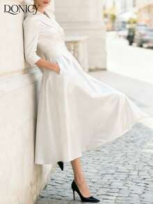 DONICY Đầm sơ mi dài tay cổ chéo sang trọng, ôm dáng dành cho nữ mùa thu/đông, chất liệu satin cao cấp, thích hợp cho hẹn hò, tiệc tùng, sự kiện kinh doanh và đi làm. - trắng - Xem 6