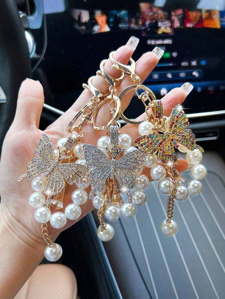 1pc Fashionable Luxurious Exaggerated Faux Pearl & Rhinestone Butterfly Keychain Car Accessories Bag Charm Backpack For School Pearl Cute Goth Y2k Christmas Gift Ideas Bag Accessories Lanyards With Id Holder Car Accessories Bag Charms PZON - 銀色 - 查看 1