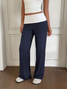 Sunny Girly Summer Y2K Back To School Casual Home Waistline White Pleated Patchwork Straight Pants Spring - Navy Blue - View 2