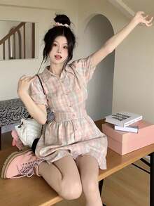 格子纽扣衬衫裙 - 粉色 - 查看 4