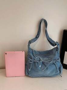 休闲简约轻便女士斜挎包，独特褶皱设计搭配蝴蝶结装饰，大容量，方便通勤，适合上学、上班，也可作为女士单肩包使用。 - 藍色 - 查看 9