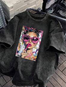 Áo thun nữ tay ngắn bằng vải cotton đã qua xử lý. Thiết kế đồ họa nghệ thuật Pop Art nổi bật, dáng rộng, phong cách retro. Phong cách đường phố Y2K. Một chiếc áo nữ phong cách Y2K thời trang và đa năng, phù hợp cho việc đi lại hàng ngày. Dáng áo đường phố thông thường, áo thun đồ họa punk thời trang dáng rộng độc đáo, áo tay ngắn có thể giặt máy. - màu đen - Xem 4