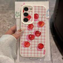 1pc TPU Material Sweet Pink Plaid Cherry Pattern Fashionable Phone Case Compatible With Samsung A05s, A12, A13, A14, A14 4G, A15, A21s, A23, A25, A32, A32 5G, A34, A35, A50s, A51, A52, A53, A54, A55, A71, A72, A73, S10, S20 FE, S20 Ultra, S21 Ultra, S22, S22 Plus, S23, S24, Redmi 10C, 12C, Note 10, 11, 12, 13, Pro Plus, Note 8, 9 Pro, Full Protective Soft Phone Cover - White - View 2