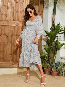 Fashionable Ditsy Floral Maternity Off-Shoulder Drawstring Long Sleeve Dress, Suitable For Vacation Spring - Blue - View 5