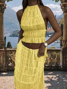 Conjunto de vestido maxi con camisola sin espalda, de gasa con volantes multicapa y encaje, elegante y romántico de 2 piezas, adecuado para Navidad, fiestas, gótico, boda y otras ocasiones - Amarillo claro - Ver 11