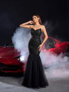 Faeriesty Elegant Black Strapless Mermaid Evening Gown With Sequin Bodice & 3D Floral Embellishment, Tulle Net Skirt Formal Dress For Gala, Wedding Guest, Black Tie Event, Formal Dinner - Black - View 1