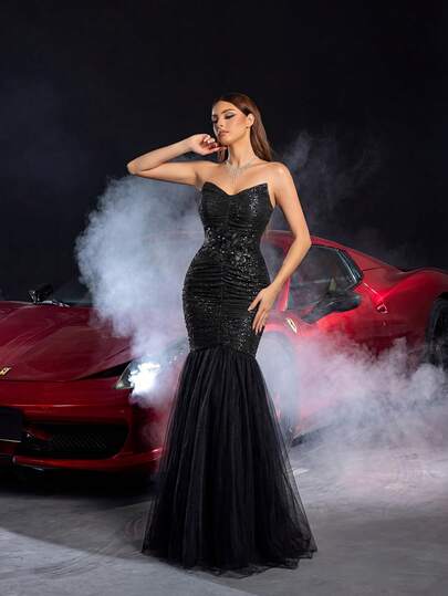 Faeriesty Elegant svart axelbandslös sjöjungfruklänning med paljettöverdel och 3D-blommorutsmyckning, tyllnätkjol, formell klänning för gala, bröllopsgäst, smoking, formell middag