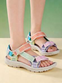 1 par de sandalias planas de color simple con diseño de cierre de gancho y bucle tejido, cómodas y frescas, unisex, adecuadas para usar en verano - Rosa - Ver 1