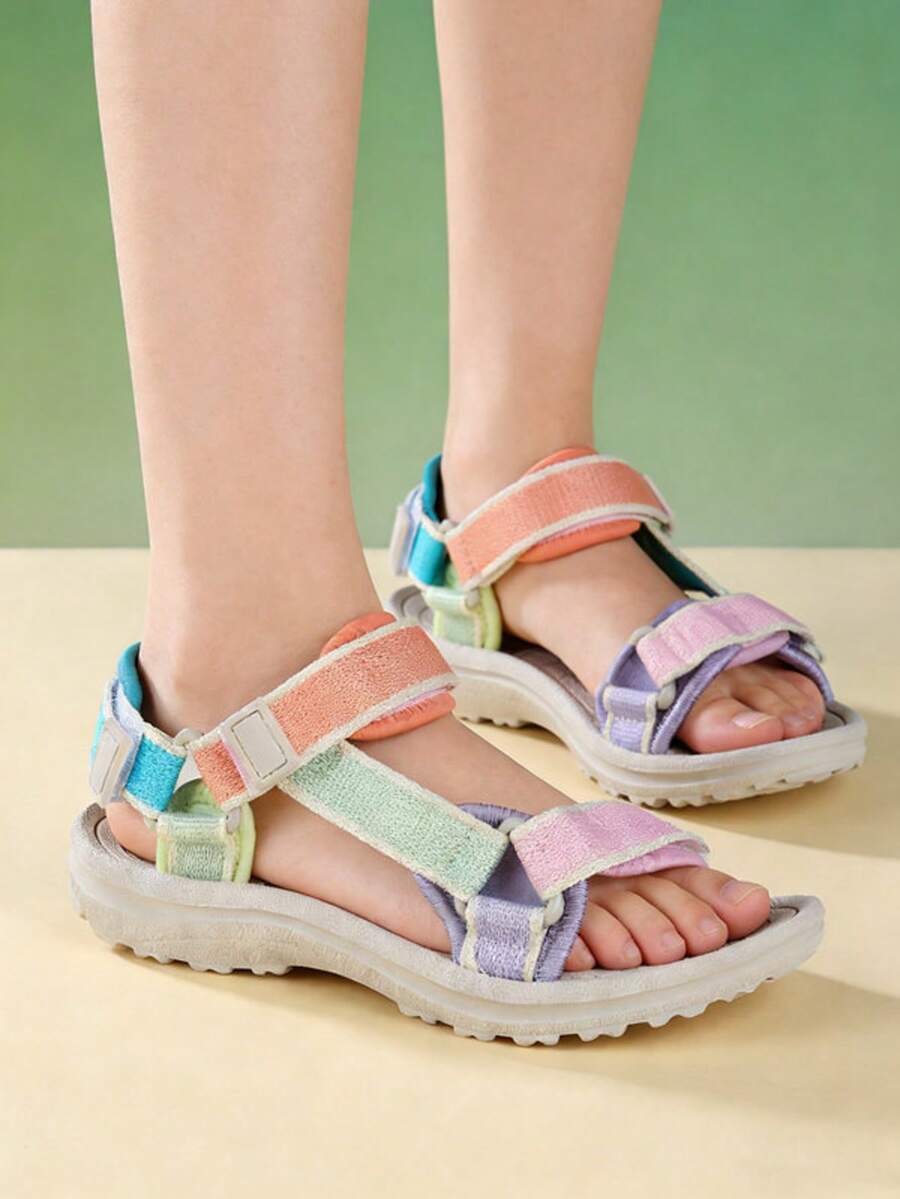 1 par de sandalias planas de color simple con diseño de cierre de gancho y bucle tejido, cómodas y frescas, unisex, adecuadas para usar en verano - Rosa - Ver 1
