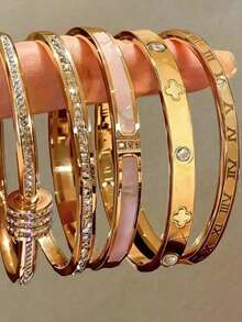 5件套简约优雅奢华闪亮星形手链，女士高端钛钢手链 - 金色 - 查看 12