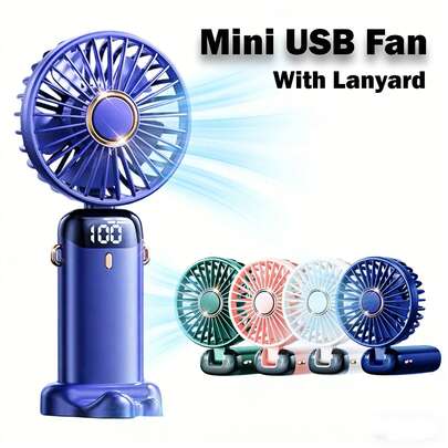 1pc Handheld Mini Fan, Electric Fan, Neck Hanging Fan, USB Fan, 5 Wind Speeds, Digital Display Screen & Lanyard, Portable Fan, Turbo Fan, 90° Foldable Desk Fan With Stand, Can Be Used As Phone Holder, Makeup Fan, Suitable For Office Desk, Dorm, Rechargeable, Outdoor Use, Essential For Summer Travel, 800mAh Battery Capacity
