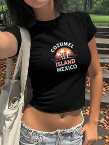 Palm Trees Cozumel Island Retro Design Fashionable Women's Short Sleeve T-Shirts - Black - View 6
