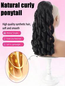 20Inch Long Roman Scroll Synthetic Ponytail Hair Extensions, Drawstring , Black, Suitable For Daily Wear - Multicolor - View 4