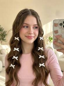 8个装女士彩色丝带发夹蝴蝶结发饰甜美女孩丝绸小发夹优雅公主芭蕾舞Y2K仙女装饰发圈迷你发夹发饰，适合日常使用，可爱，3种颜色可选，情人节礼物，爪夹发夹，发卡，学校用品，大学，女士冬季服装，蝴蝶结，可爱。 - 白色 - 查看 2