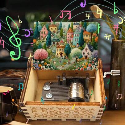 Vintage Wooden Hand Crank Music Box "You Are My Sunshine" No Battery Needed Mini Musical Box With Fantasy Town Print For Birthday Christmas Gift