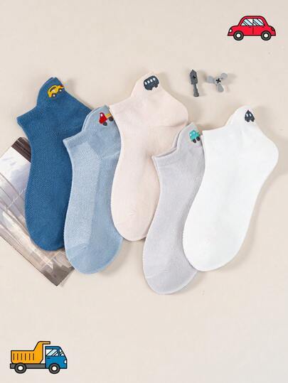 5 perechi de șosete respirabile în formă de mașină, din plasă subțire, brodate, pentru copii, cu bucle pentru urechi și un stil casual, potrivite pentru ținute de primăvară și vară.