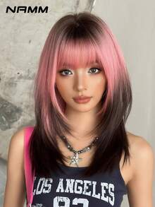 NAMM 20英寸时尚齐肩假发，女士款，深根粉色渐变黑色直发假发，蓬松饱满的机器高密度合成纤维分层假发，适合女孩日常、街头穿搭、音乐节派对摄影等场合，也适合万圣节角色扮演、动漫或服装造型。 - 漸層粉紅色 - 查看 3