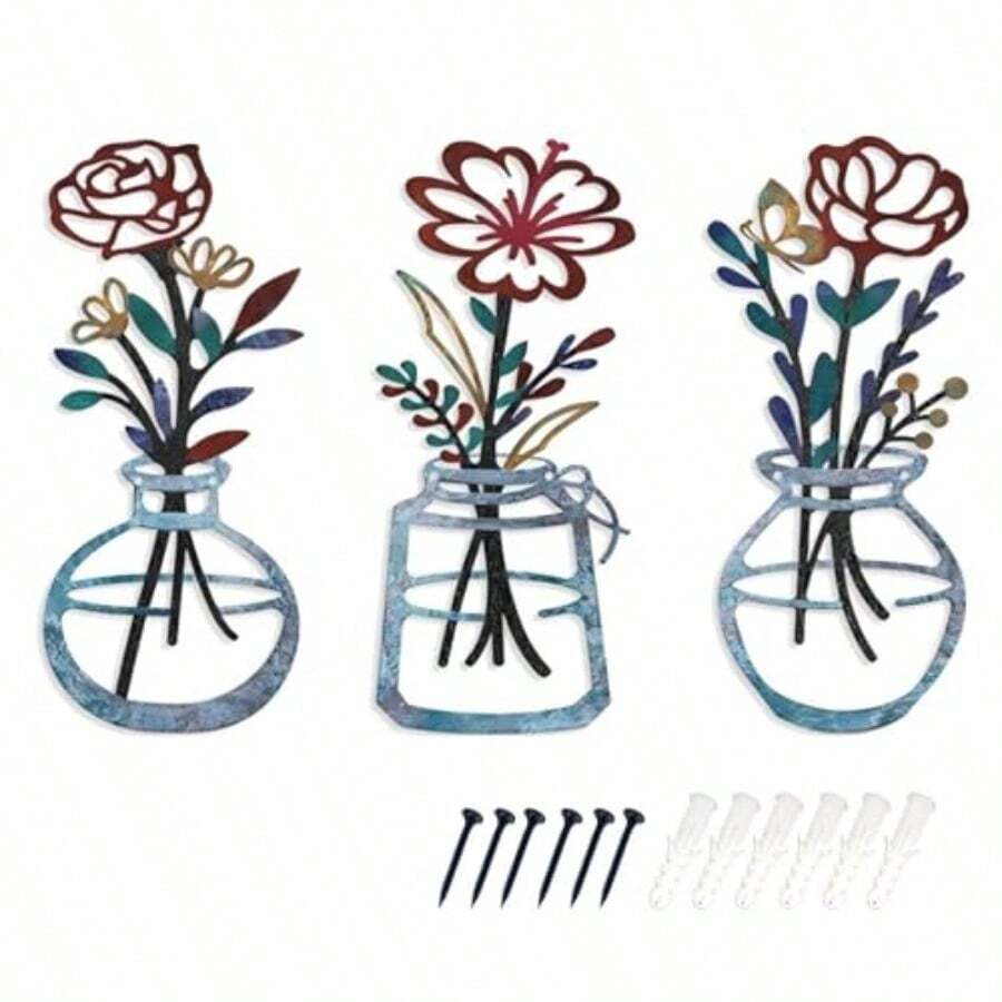 Pigort 3 piezas Flores de metal para pared para sala de estar y recámara arte de pared de metal rústico floral para decoración del hogar - como en la foto - Ver 1