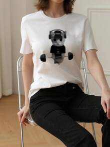 1pc Women's Casual Loose T-Shirt, 2026 Spring/Summer New Design, Pixel Graphic Cute Cat Print, Versatile Round Neck Top For Daily, Student Wear - White - View 3