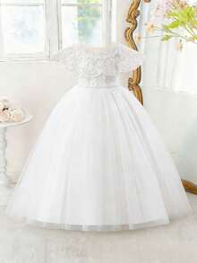 少女圆领仿亮片刺绣蕾丝亮片网纱优雅婚礼花童伴娘礼服，适合生日派对、舞会、晚宴等场合，不含头饰 - 白色 - 查看 6