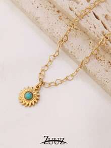 1pc Bohemian Style Stainless Steel Natural Stone Sun Charm Necklace For Women Heart Chain Necklace Collar Chain Jewelry Gifts - Yellow Gold - View 10