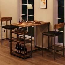 Juego de Comedor para 2 Personas Mesa Alta con Bancos Acolchados Set de Mesa de Cocina con Estantes de Almacenamiento para Espacios Pequeños - Marrón - Ver 1