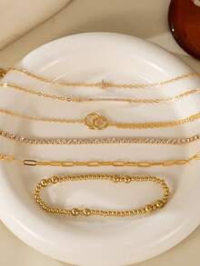 6-częściowa elegancka bransoletka z cyrkonii sześciennej z czterolistną koniczyną i podwójnym pierścieniem, wielowarstwowa, koraliki CCB w kolorze złotym, modna biżuteria damska, odpowiednia do noszenia na co dzień, idealny prezent dla niej - Żółte złoto - Zobacz 3