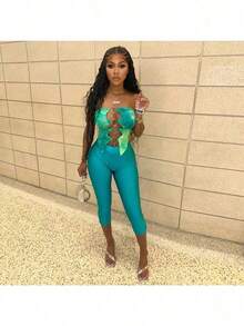 Conjunto de tres piezas con top de pecho hueco con puntada impresa en 3D y pantalones para mujer, para primavera y verano - Verde - Ver 6