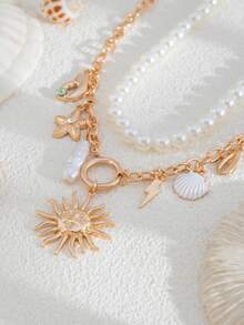 2pcs/Set Ocean Holiday Style Sunflower, Starfish, Seashell & Water Drop Pendant Necklace, Faux Pearl Beaded Layered Necklace, Elegant Luxury, Suitable For Wedding, Party, Beach, Casual, Street Style, Women & Couples, Holiday & Birthday Gift - Gold - View 7