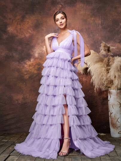 Faeriesty Elegant Party Solid Color Multi-Layer Mesh Backless Maternity Dress Spring