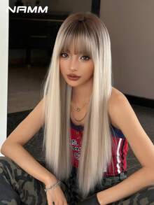 NAMM 24 Inch Long Straight White Blonde Wig For Women Mixed Brown Highlight, Gorgeous Fluffy Synthetic Wig With Bangs-Dark Roots Natural Appearance Very Soft Synthetic Heat Resistant Fiber Hair, Beautiful Full Machine Hair Wig Suitable For Fashion Girls Daily,Anime Or Costume Cosplay Decoration,Music Festival Dance Party Street Wear Use - White Highlight - View 5