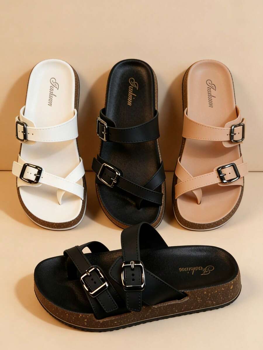 A Pair Of 2026 New Women's Casual Buckle Slippers, Thick Soled Toe Clip On Sandals, Comfortable Beach Women's Shoes - Black - View 1