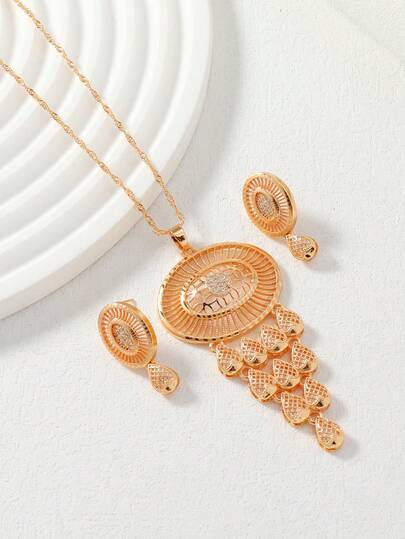 Set de collar y aretes con 2 piezas chapado en oro rosa, con disco de circonita cúbica y borlas de malla radiante, opción de regalo para el Ramadán / para usar a diario