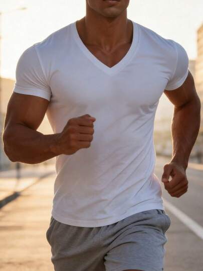 Camiseta Masculina de Manga Curta com Decote em V Minimalista de Cor Sólida, Adequada para Esportes, Uso Casual e Doméstico no Verão