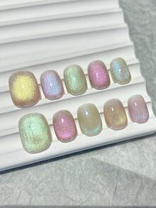 10片彩色猫眼手工美甲贴片，彩虹泡泡多巴胺猫眼闪粉玻璃珠美甲，夏季奢华时尚百搭短款假指甲，按压式美甲贴片/短款按压式美甲贴片/美甲用品（1张果冻贴纸+1个指甲锉） 手工按压式美甲贴片 - 彩色 - 查看 1