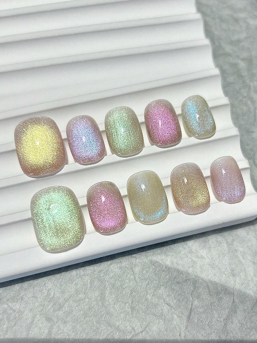 10片彩色猫眼手工美甲贴片，彩虹泡泡多巴胺猫眼闪粉玻璃珠美甲，夏季奢华时尚百搭短款假指甲，按压式美甲贴片/短款按压式美甲贴片/美甲用品（1张果冻贴纸+1个指甲锉） 手工按压式美甲贴片 - 彩色 - 查看 1