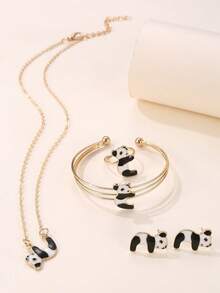 5pcs/Set Girls' Panda Necklace, Bracelet, Ring, Earrings Jewelry Set - Multicolor - View 3