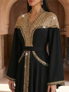 Elegant Lime Green Embroidered Formal Long Robe, Decorated With Beaded Corset And Bell Sleeves, Arabic Long Robe, Suitable For Women, Party Robe, Muslim Evening Robe, Formal Robe, Modest And Decent Style - Black - View 8