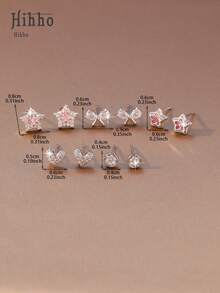 Hihho 10件套（优雅白色礼盒）闪亮立方氧化锆蝴蝶心形耳环，7天耳环套装，心形、星星、蝴蝶结银色耳钉，优雅女士的最佳礼物 - 金色 - 查看 6