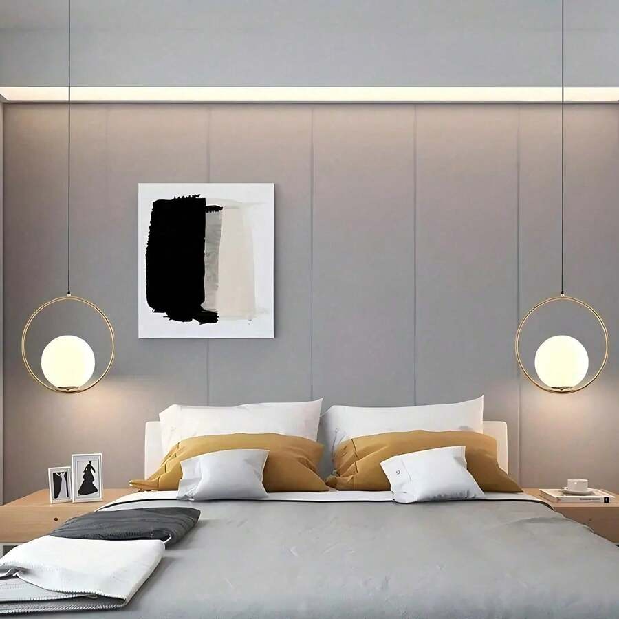 1/2 piezas Lámpara colgante de lujo minimalista moderna en color dorado, pantalla de lámpara globo blanca, altura ajustable ultra simple, base de lámpara E27, adecuada para hogar, dormitorio, cafetería, comedor, bar, isla de cocina, sala de estar (bombilla no incluida) - Dorado - Ver 1