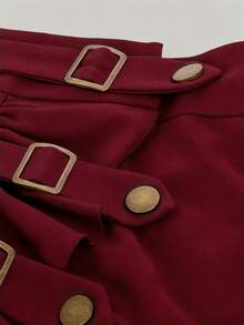 女士优雅纯色蕾丝拼接荷叶边下摆休闲高端简约哥特风A字裙 春季 - 紅色 - 查看 4