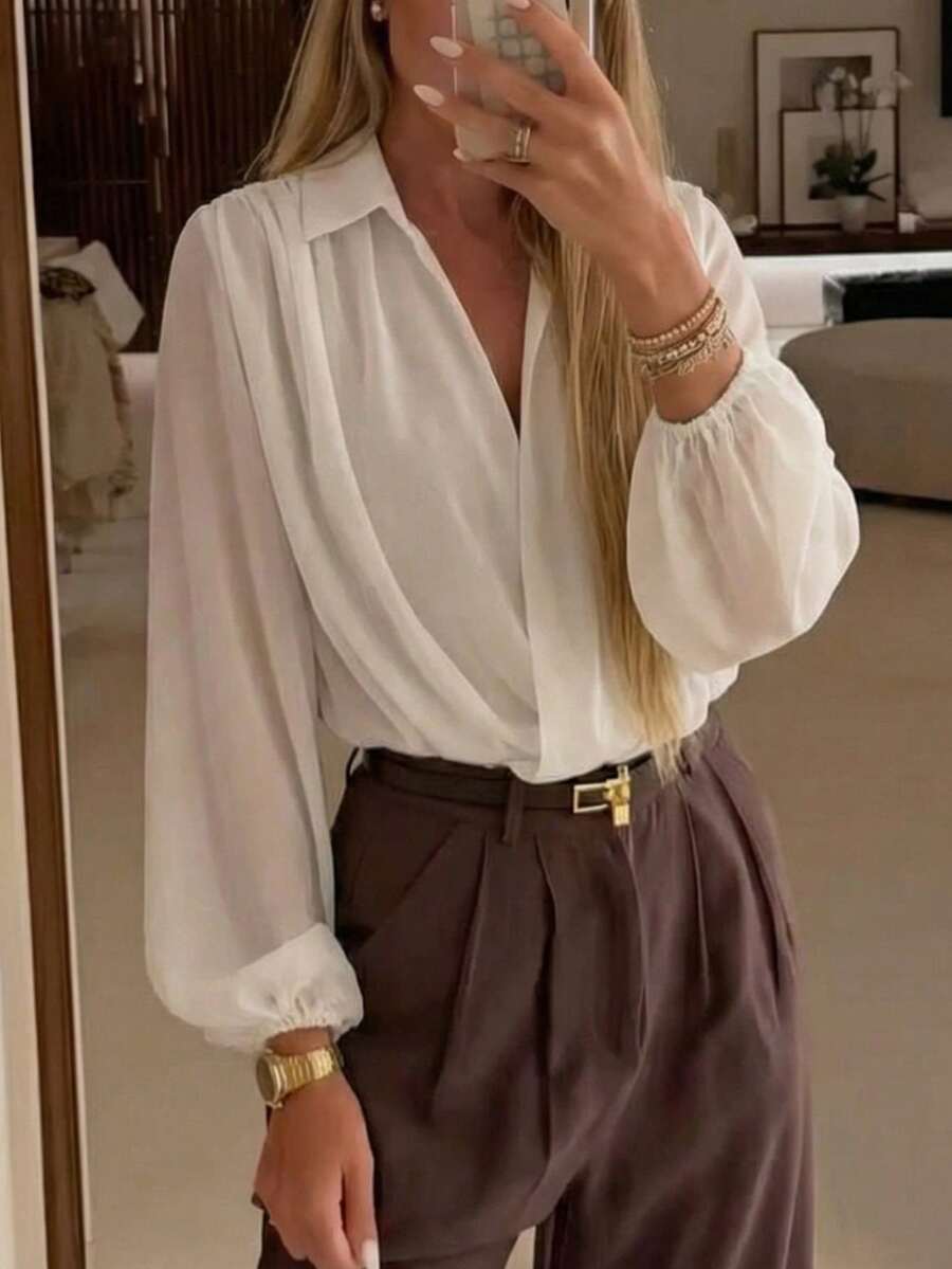 Áo kiểu voan trắng thanh lịch cổ chữ V chéo với cổ áo và tay phồng chun, thích hợp cho các hoạt động thường ngày, mẫu mới Xuân/Hè 2026. - trắng - Xem 1
