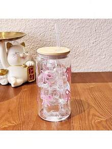 3pcs Bow Printed Water Cup With Lid & Straw, 16oz Canned Ice Coffee Cup, Tea Juice Milk Gift, Office Restaurant Classroom Picnic Party Use - Multicolor - View 8